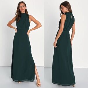 NEW Classic Elegance Emerald Chiffon Sleeveless Mock Neck Maxi Dress Women Small